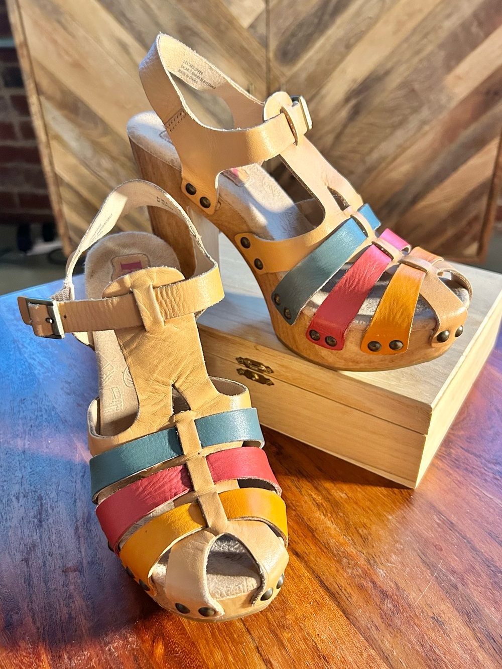 Korks Peep Toe Wooden Heeled Woven Leather Sandals - Size 6.5